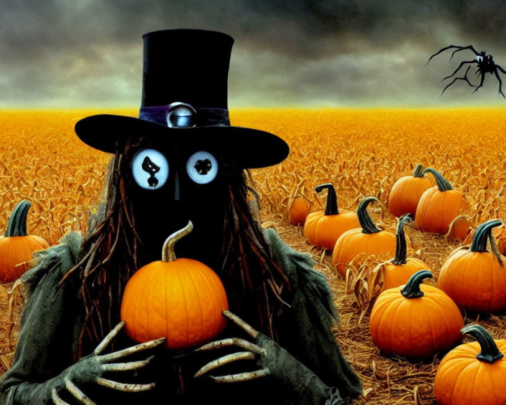Spooky scarecrow with button eyes and top hat in pumpkin field with large spider.