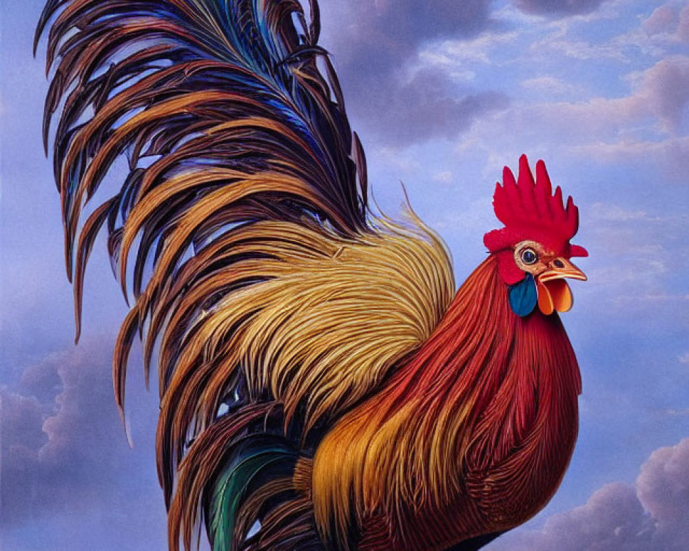 Colorful Rooster Illustration with Red Crest and Feathers against Cloudy Sky
