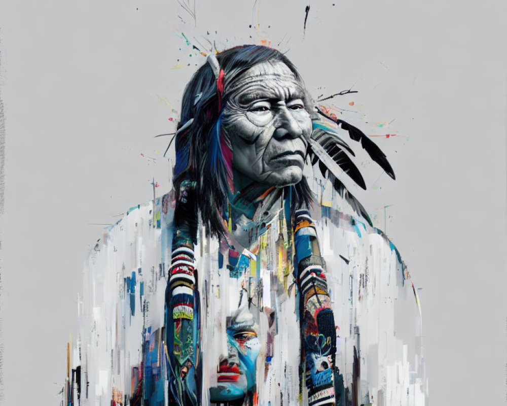 Colorful abstract elements on Native American figure
