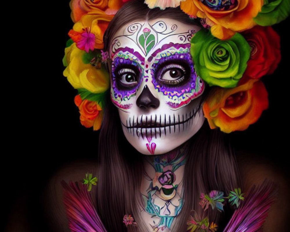 Colorful Day of the Dead skull face paint with floral crown and body decorations