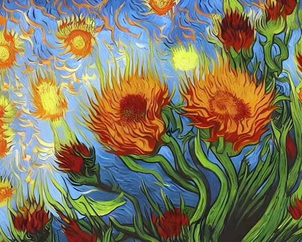 Colorful painting featuring swirling blue sky, yellow stars, red-orange sunflowers, and green stems on