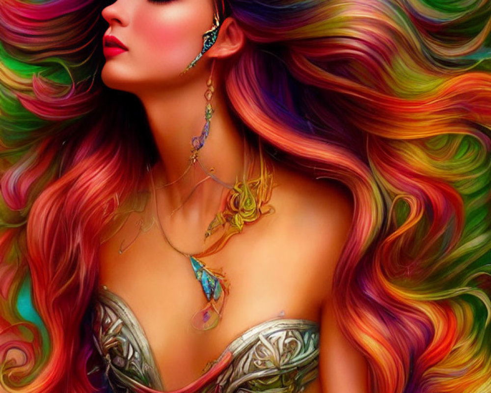 Colorful digital artwork: Woman with multicolored hair and jewelry