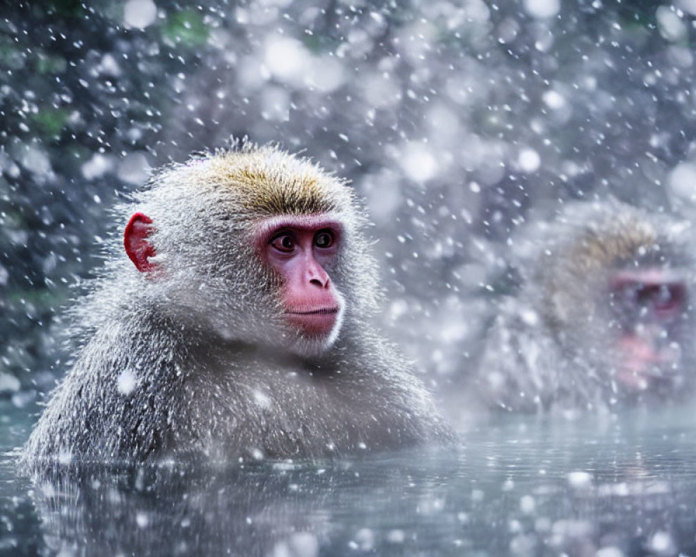 Japanese Macaques Relaxing in Hot Spring During Snowfall