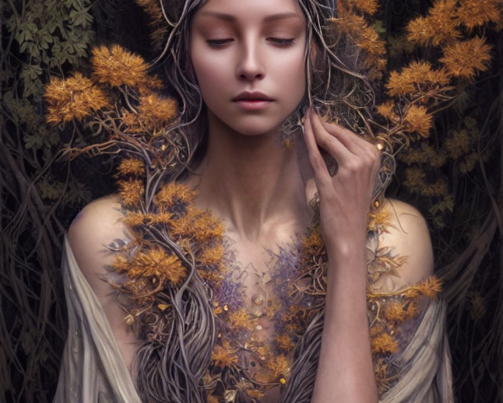 Serene woman with closed eyes, floral headpiece, surrounded by yellow blossoms