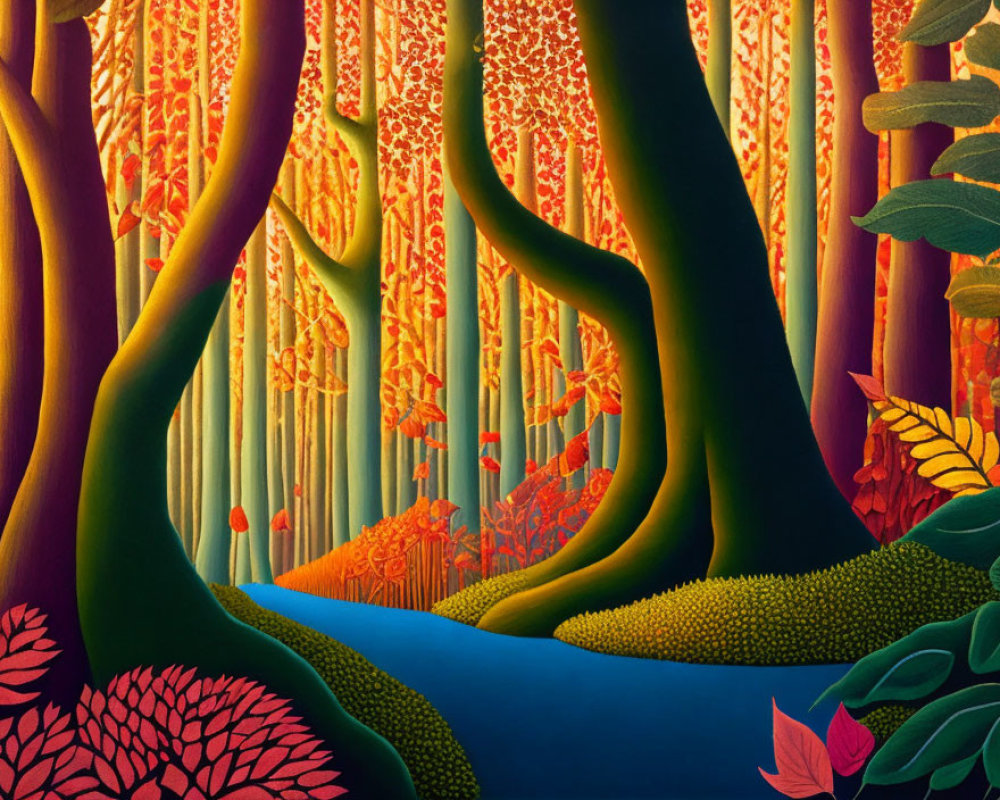Colorful painting of lush forest with exaggerated tree trunks and winding river