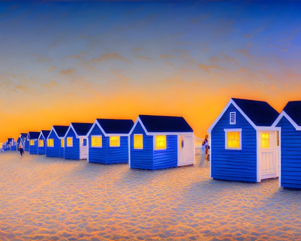 Blue Beach Huts on Sandy Shore at Sunset with Orange Sky and Silhouettes