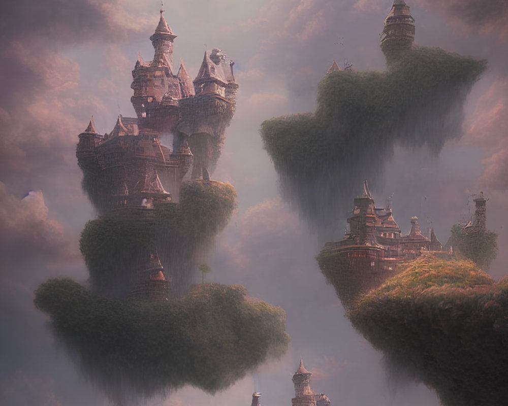 Fantasy castles on floating islands at sunset