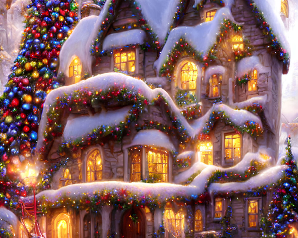Snow-covered house decorated with Christmas lights and festive atmosphere