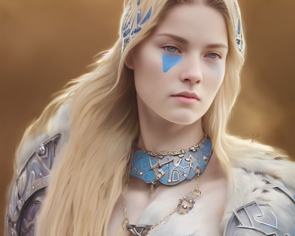 Regal woman portrait with long blonde hair and silver/blue crown & armor
