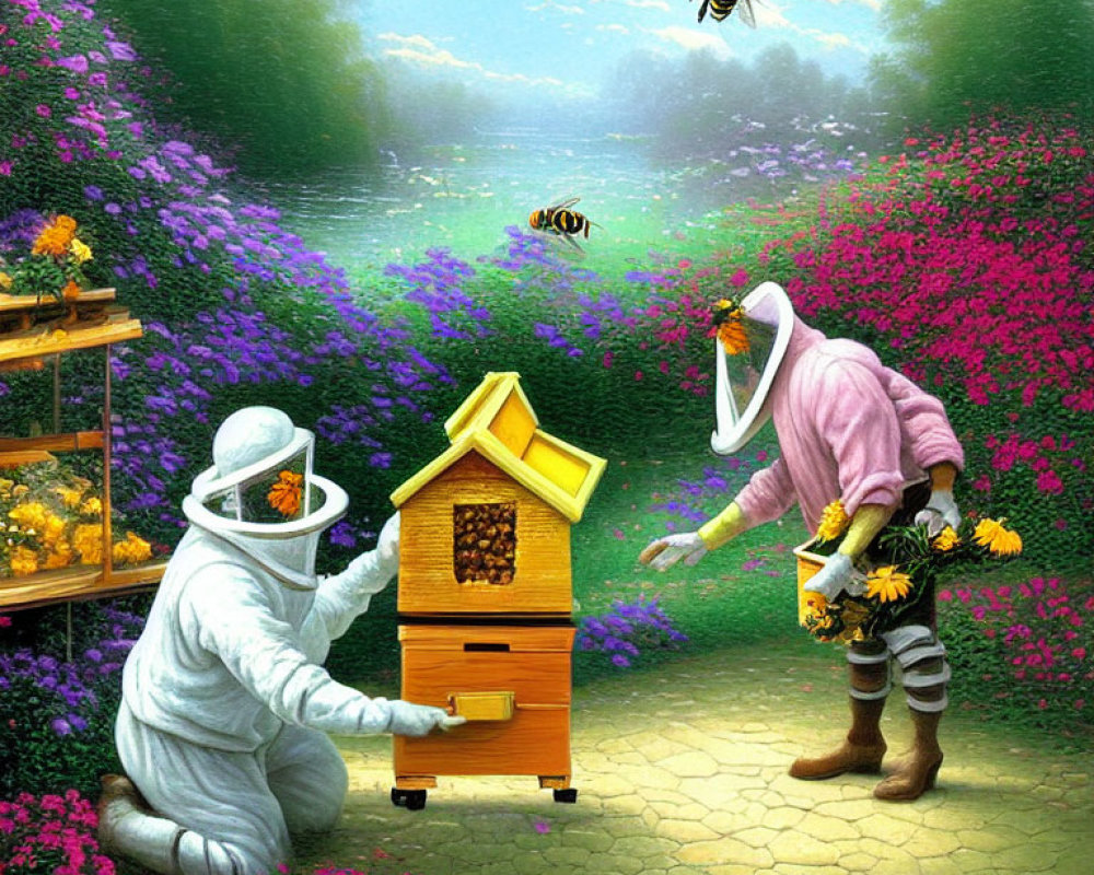 Beekeepers in protective suits at beehive in floral landscape