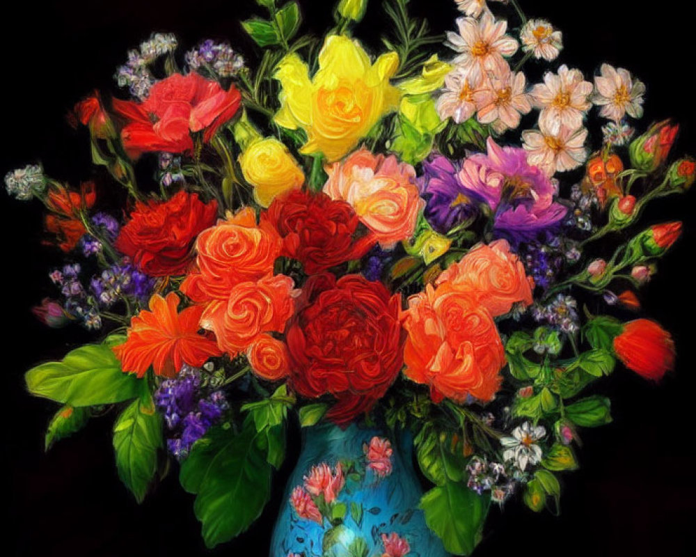 Colorful Flower Bouquet in Ornate Blue Vase on Dark Background