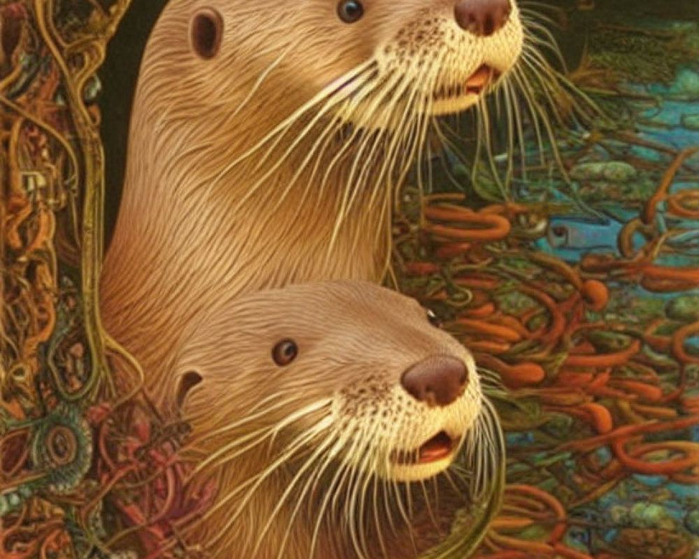 Detailed Fur Otters Swimming Among Vivid Underwater Plants