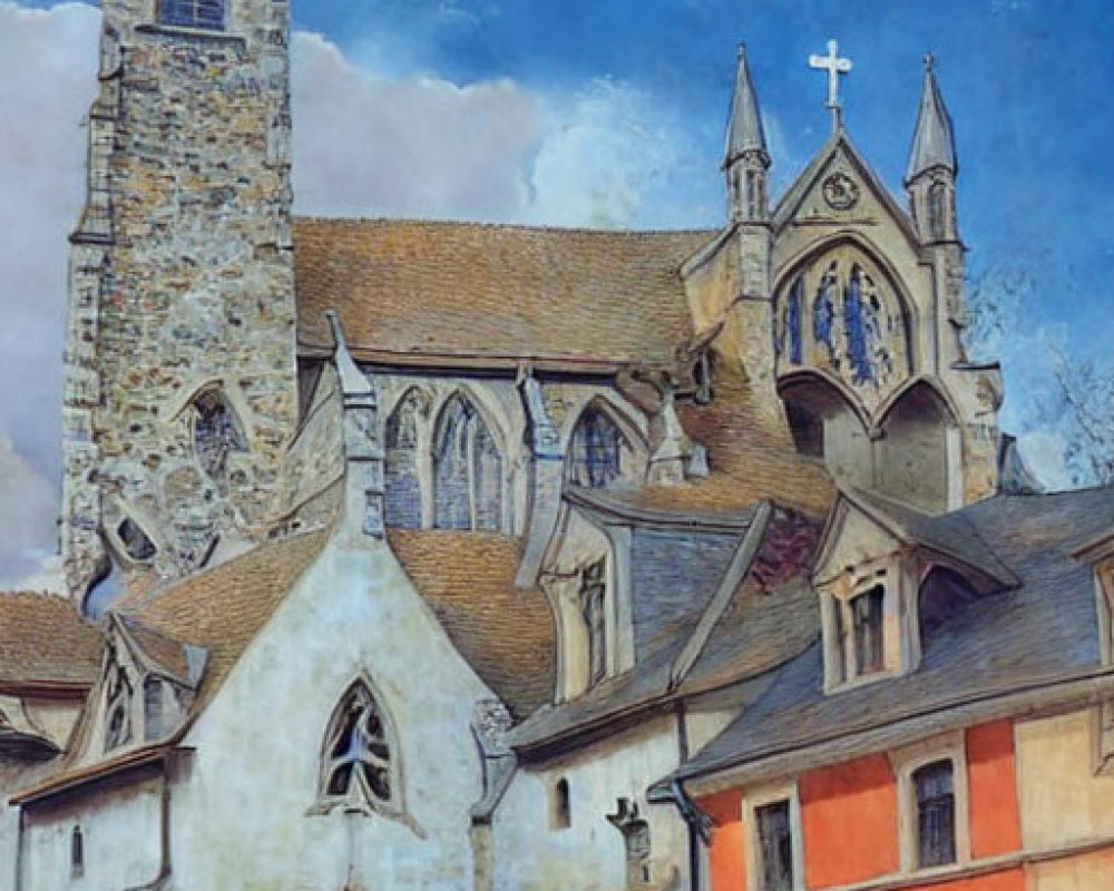 Medieval and Gothic Old Town Painting with Church Spire