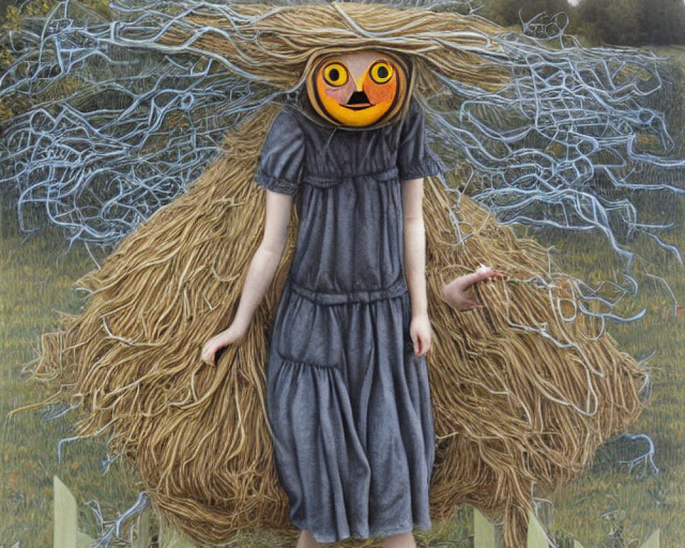 Surreal artwork of figure with pumpkin head in gray dress on fence.