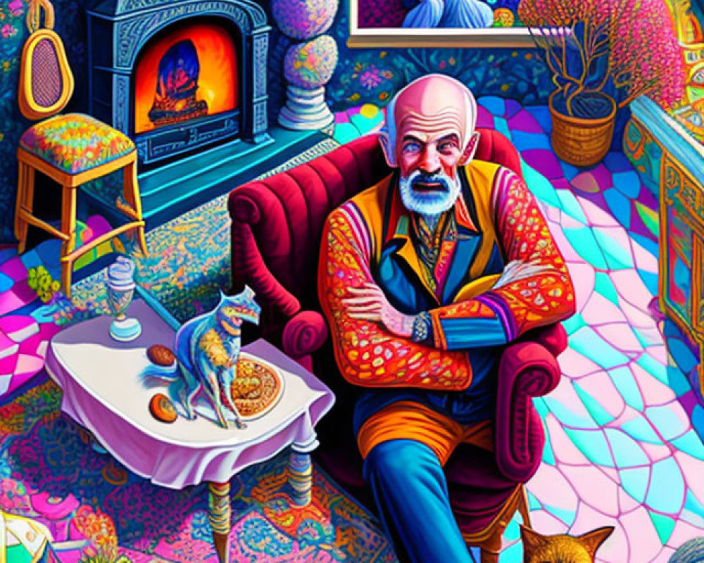 Colorful illustration: Elderly man with beard in red chair with cat, vibrant room and garden.