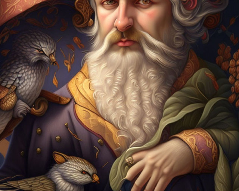 Regal man with white beard in blue robe with gold patterns and owls, surrounded by floral motifs