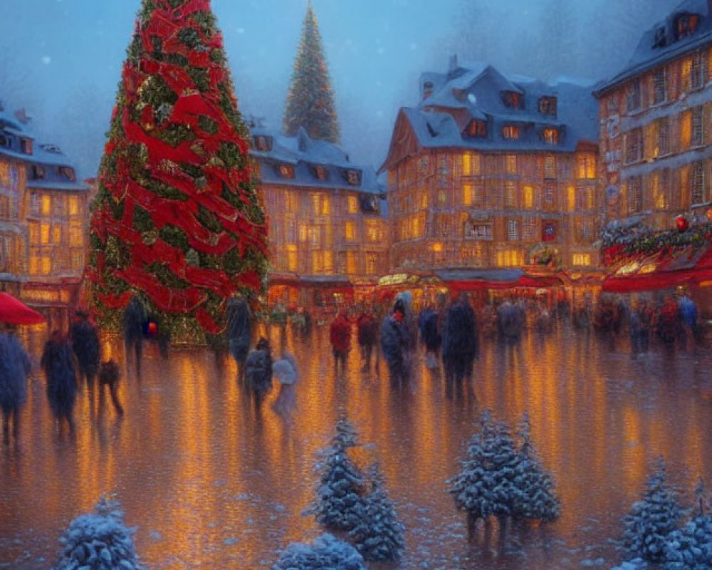 Snowy town square with Christmas tree & festive buildings