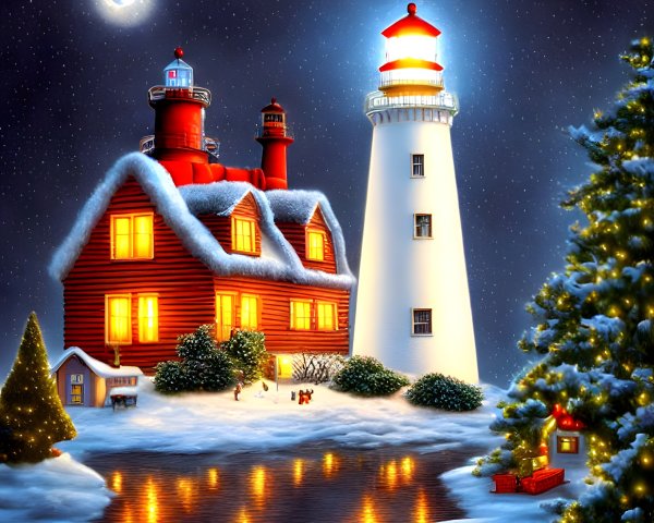 Snow-covered lighthouse and house under starry night sky with crescent moon and Christmas tree.