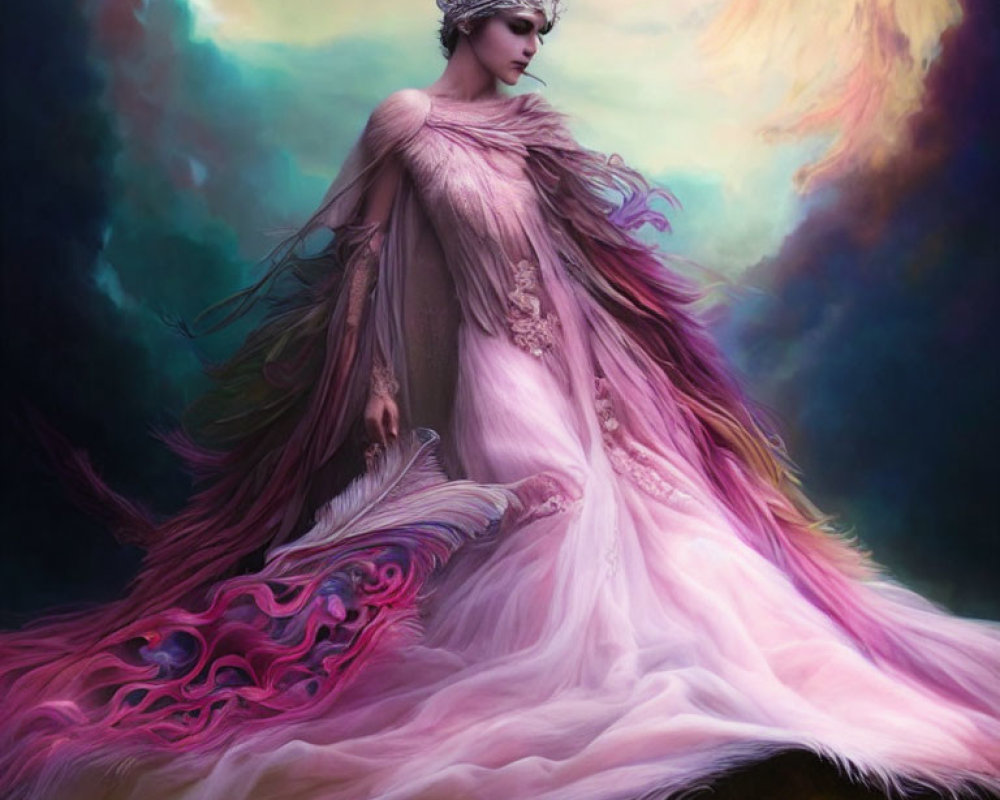 Majestic woman in elaborate pink gown against surreal sky