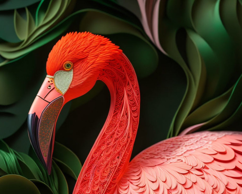 Detailed Flamingo Paper Art with Vibrant Colors and Leafy Background