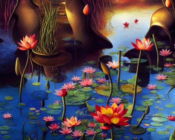 Colorful Lotus Pond with Surreal Elephant-like Shapes at Dusk