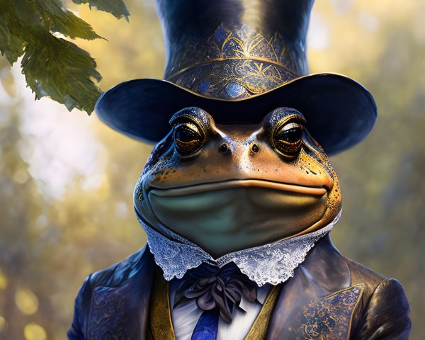 Illustration of frog in Victorian attire on autumn background