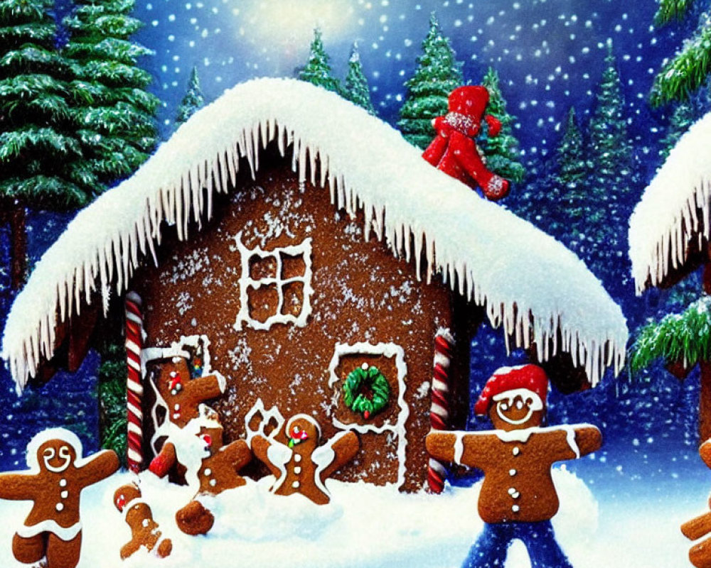 Gingerbread House with Snowy Roof and Candy Cane Scene