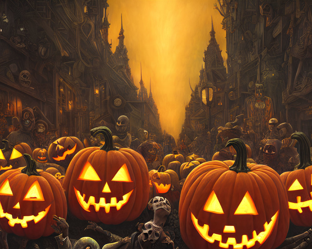 Halloween-themed image: Carved pumpkins, skeletons, spooky street