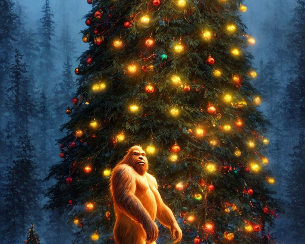 Joyful creature dancing by radiant Christmas tree in snowy forest.