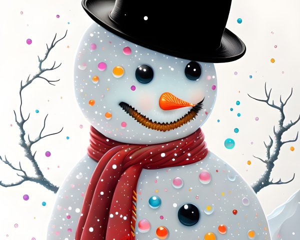 Colorful Snowman with Top Hat, Carrot Nose, and Red Scarf