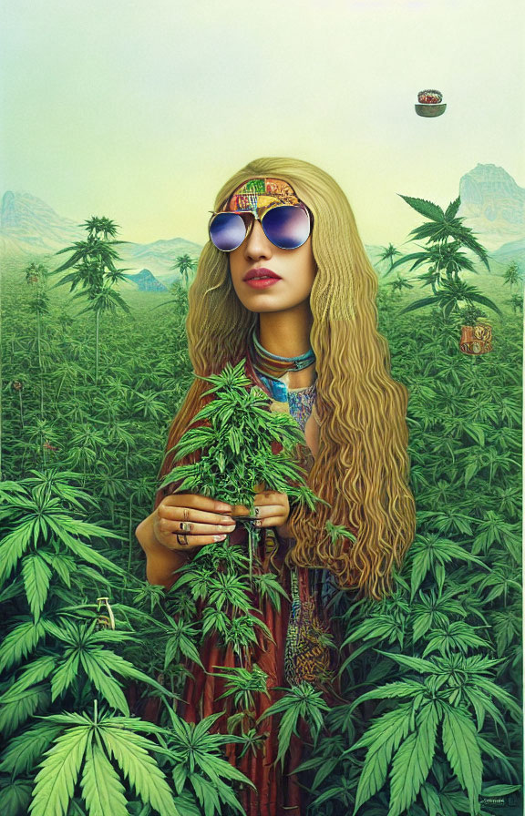 Woman in Bohemian Dress with Sunglasses Surrounded by Cannabis Plants and Hot Air Balloons