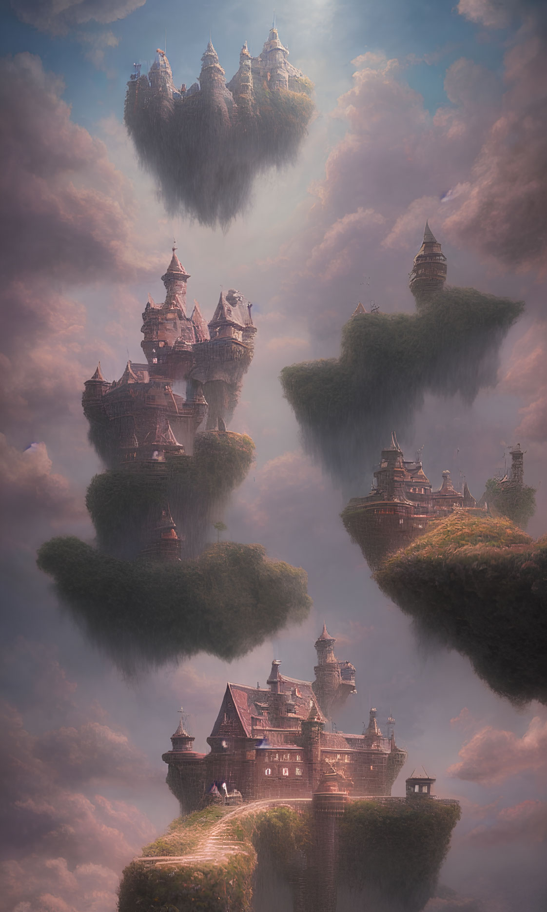 Fantasy castles on floating islands at sunset