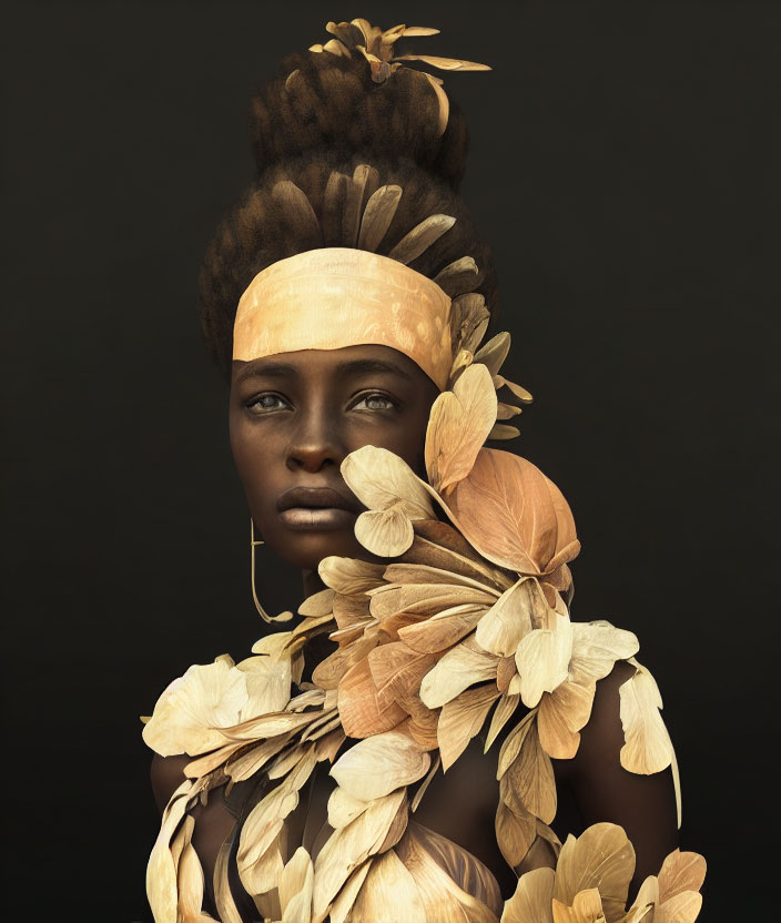 Dark-skinned woman with headband and golden leaf garment on dark background