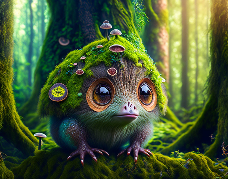 Moss-Covered Creature with Mushroom Adornments in Green Forest
