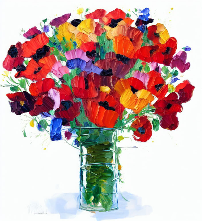 Colorful Poppy Bouquet Painting with Blue Flowers in Clear Vase