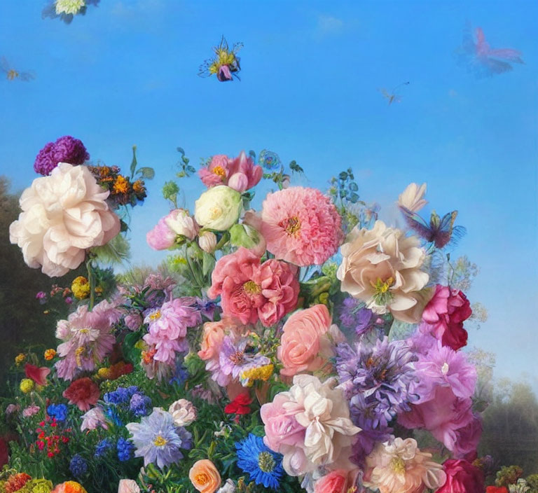 Colorful floral bouquet and butterflies against blue sky.