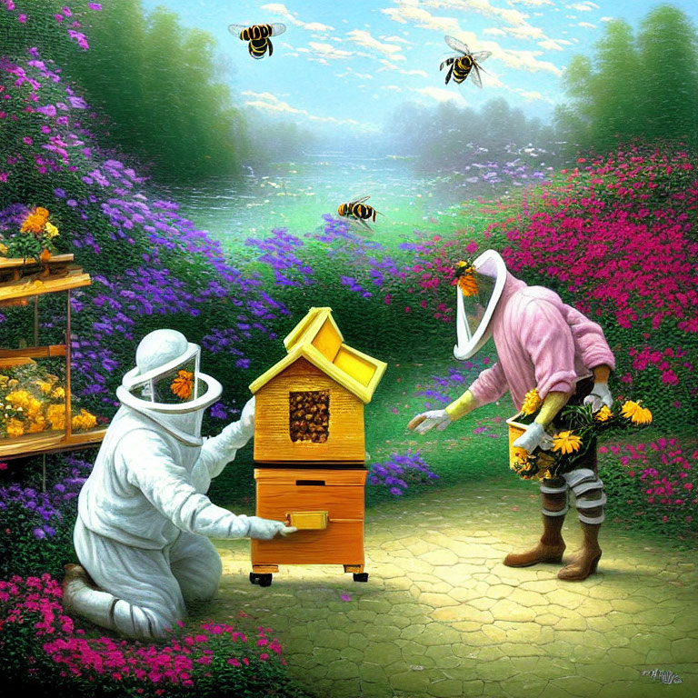 Beekeepers in protective suits at beehive in floral landscape