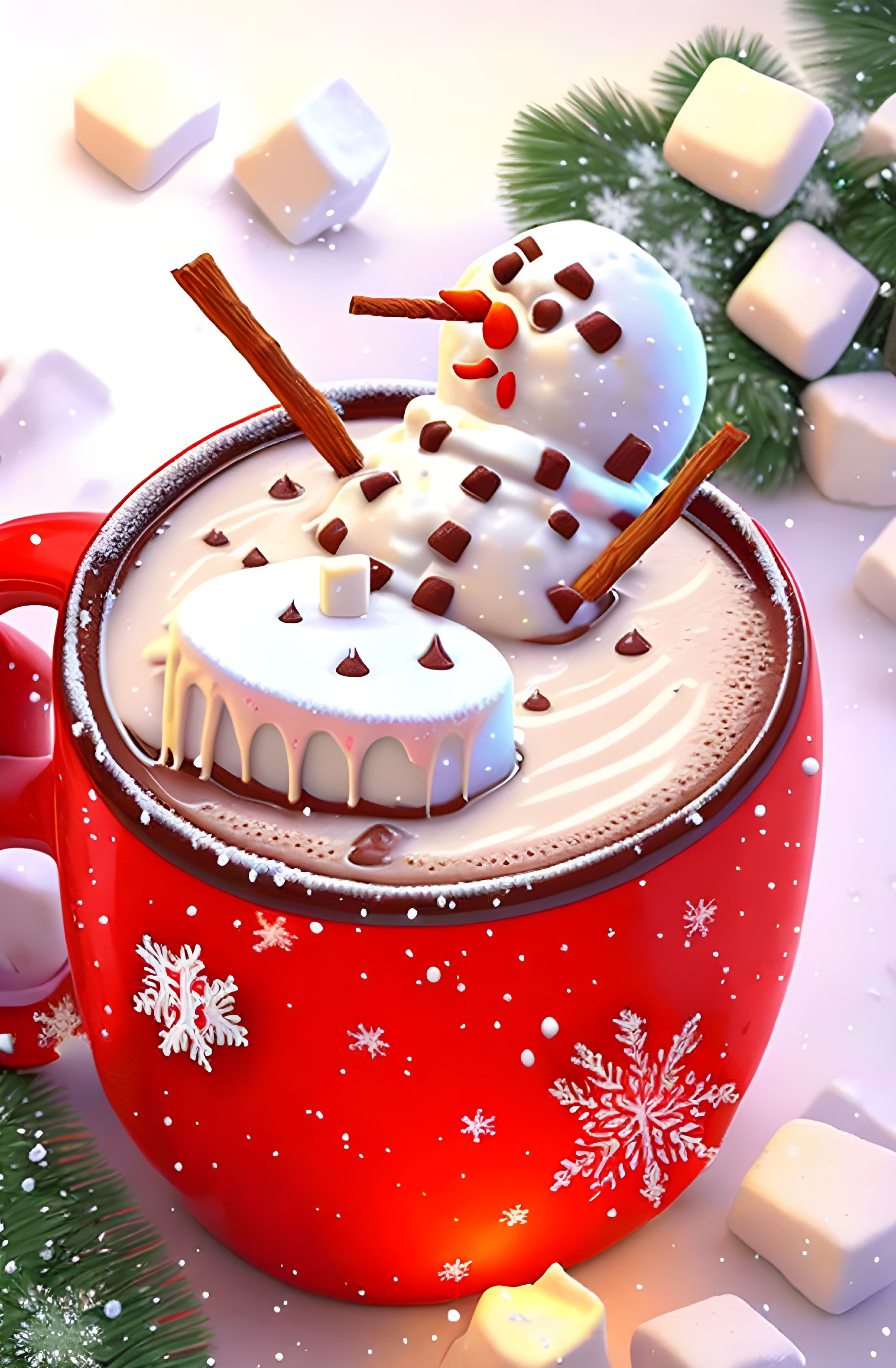 Marshmallow Snowman Melting into Hot Chocolate 