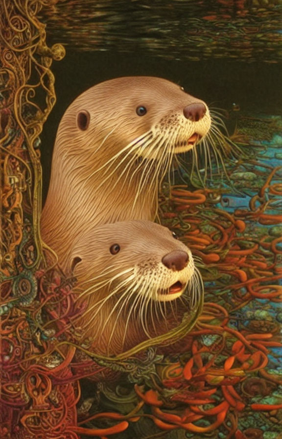 Detailed Fur Otters Swimming Among Vivid Underwater Plants