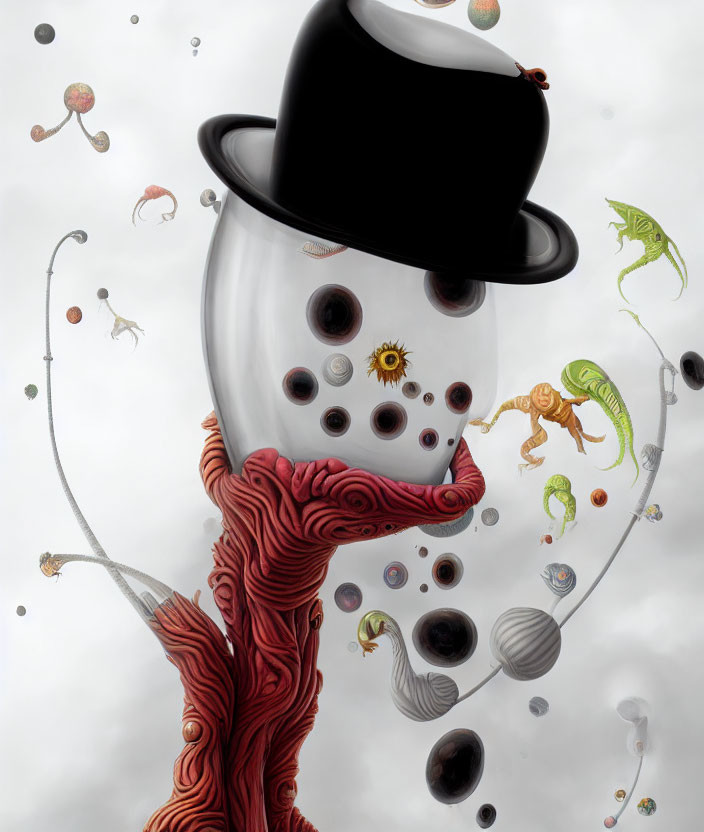 Transparent Figure with Oversized Top Hat and Whimsical Creatures
