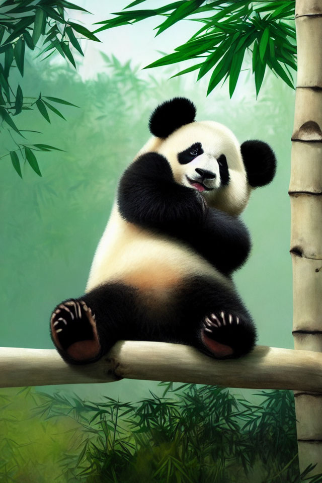Panda sitting on wooden beam surrounded by bamboo
