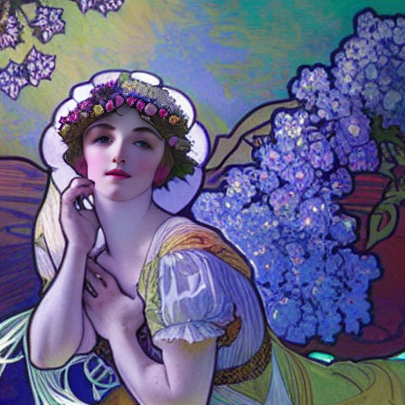 Art Nouveau Woman Illustration with Floral Wreath and Blue Flowers