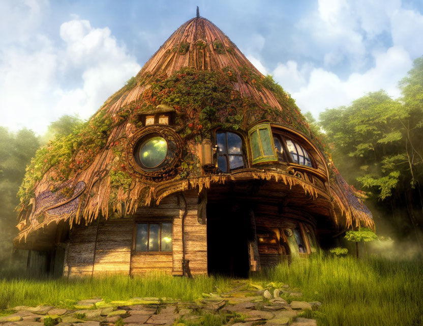 Thatched Roof Wooden House in Sunlit Forest Clearing