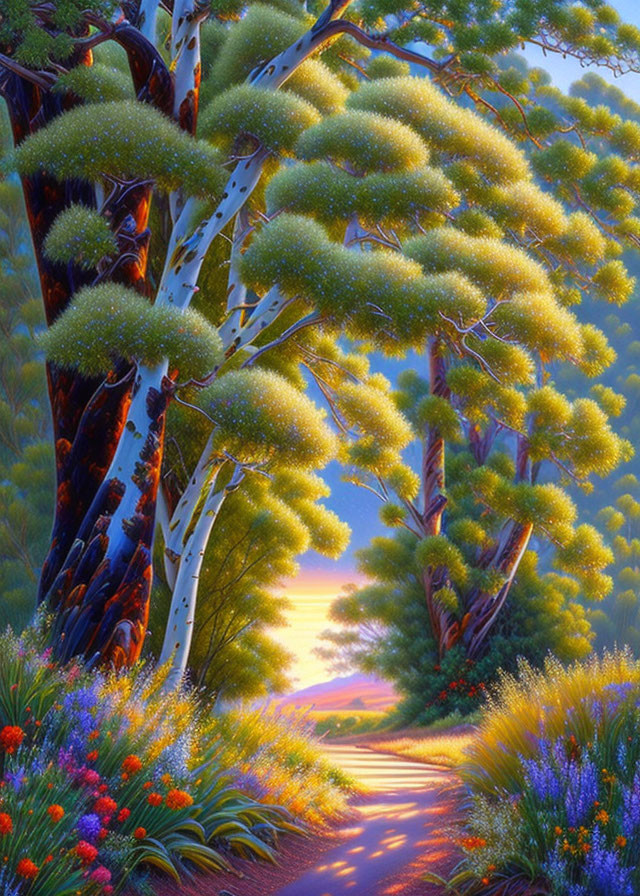 Scenic forest path with lush greenery and colorful flowers at sunrise