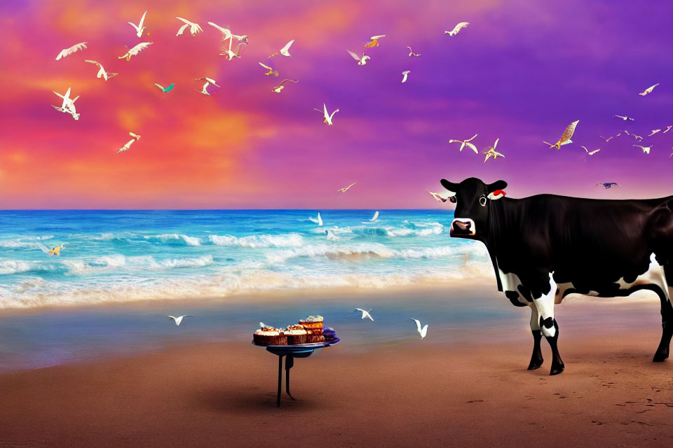 Surreal beach scene with cow, cake, seagulls, and vibrant sunset colors