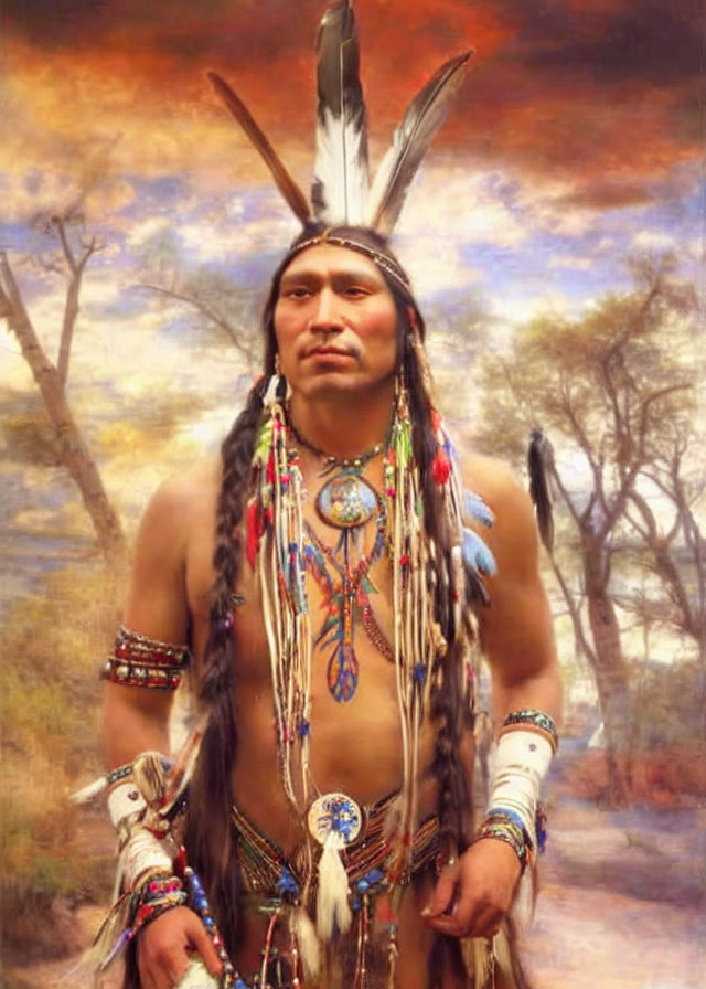 Native American person in traditional attire against forest backdrop