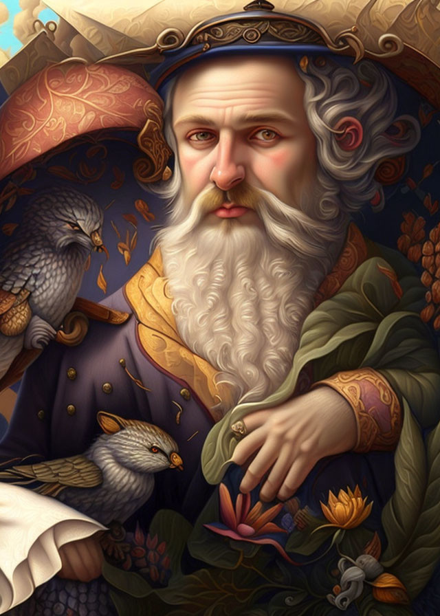 Regal man with white beard in blue robe with gold patterns and owls, surrounded by floral motifs