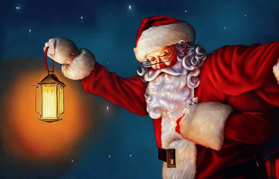 Santa Claus in Red Suit with Lantern Under Starry Night Sky