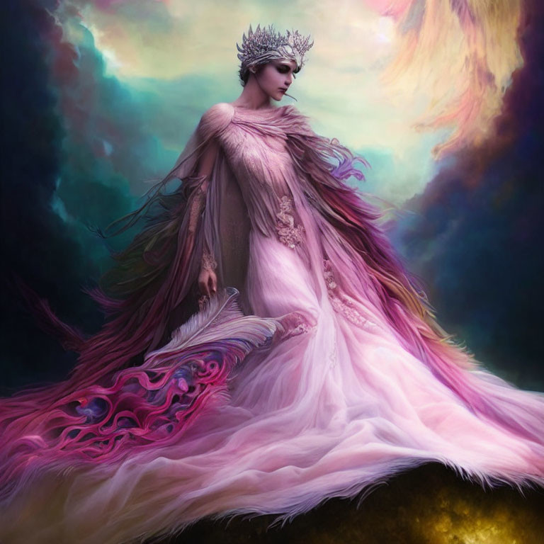 Majestic woman in elaborate pink gown against surreal sky