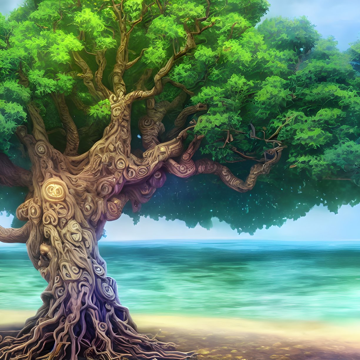 Majestic tree with intricate bark patterns and lush green foliage by serene water